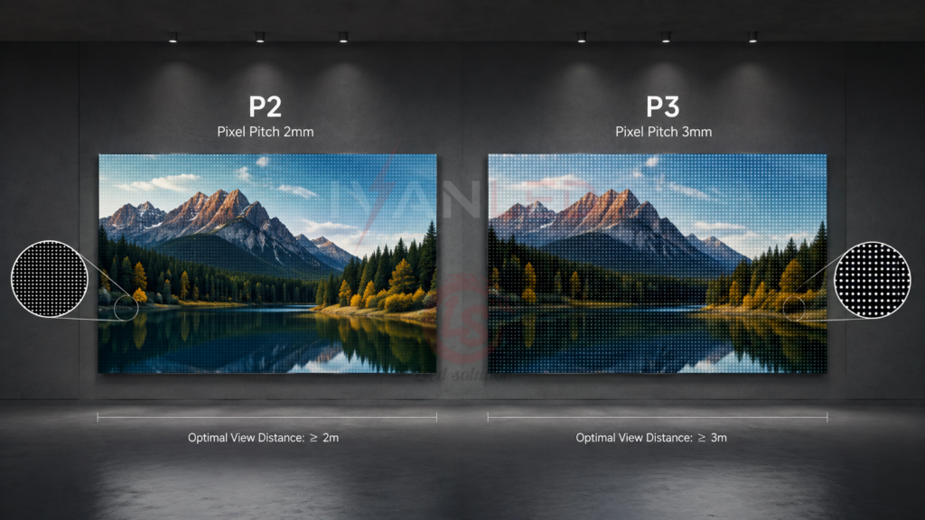 Comparación del paso de píxeles de las pantallas LED P2 y P3: 2 mm frente a 3 mm