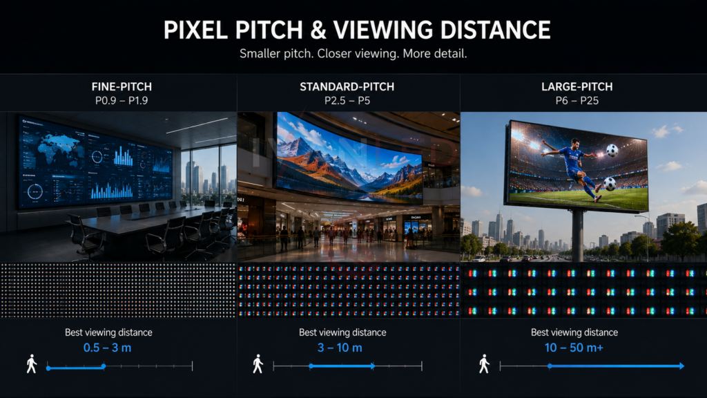 Pixel pitch determines image clarity and optimal viewing distance