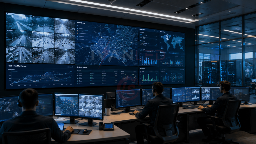 sala de controle, parede de vídeos, monitoramento de segurança, dados em tempo real