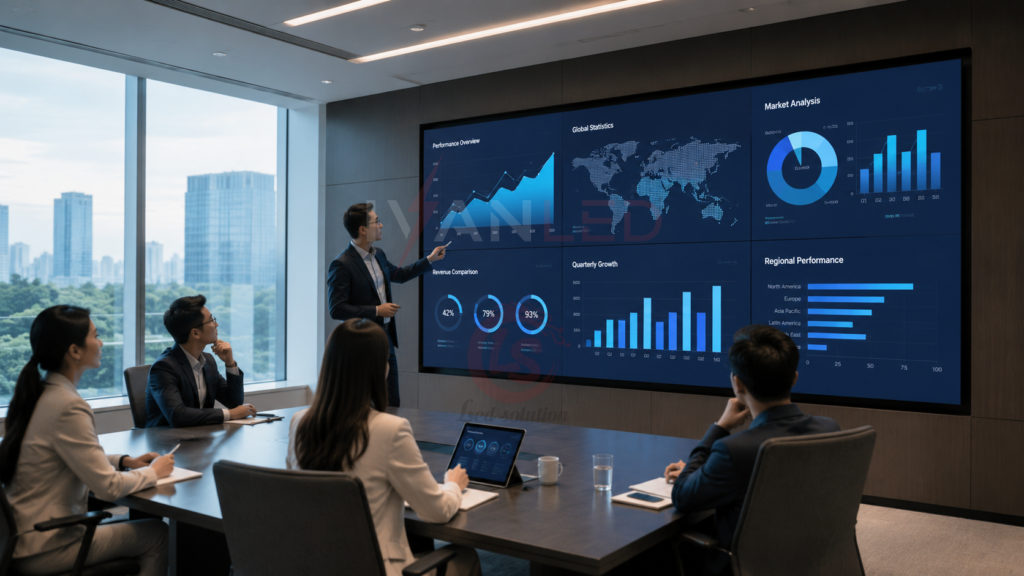 vídeo corporativo, sala de conferência com parede de telas, visualização de dados, colaboração