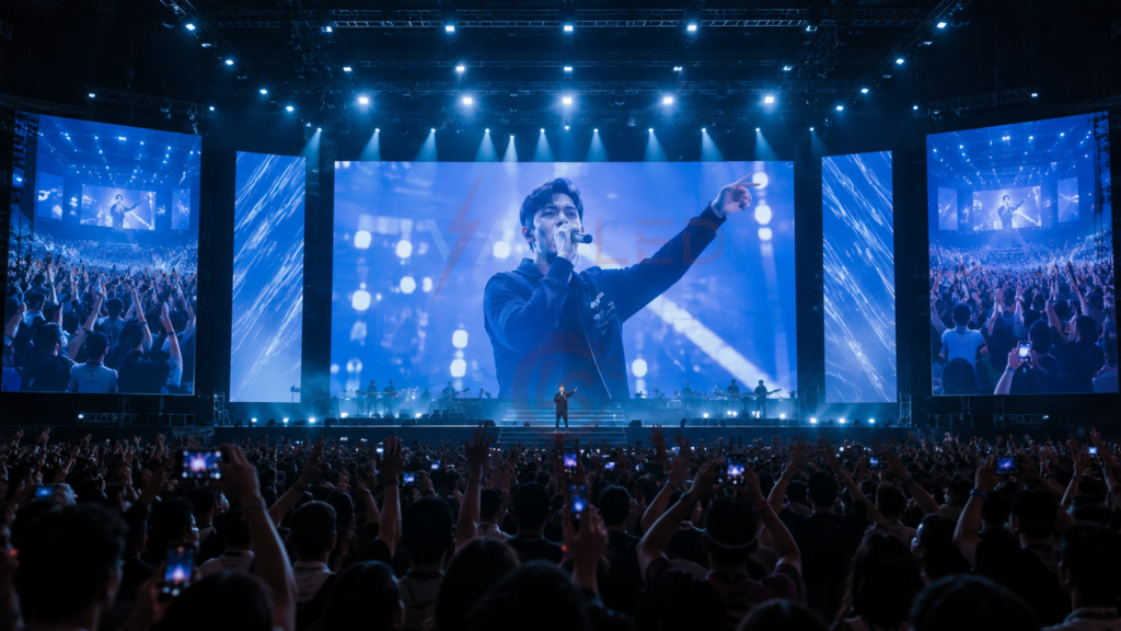 eventos, parede de telas, palco de show, cenário, transmissão ao vivo, interação com o público