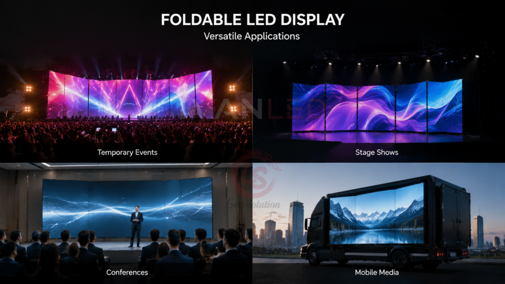 aplikasi layar LED lipat, acara sementara, panggung, konferensi, media seluler aplikasi layar LED lipat, acara sementara, panggung, konferensi, media seluler