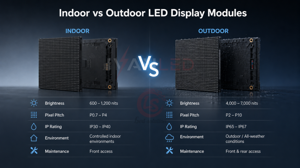 Comparaison entre les modules d'affichage LED d'intérieur et d'extérieur : luminosité et indice de protection IP Comparaison entre les modules d'affichage LED d'intérieur et d'extérieur : luminosité et indice de protection IP