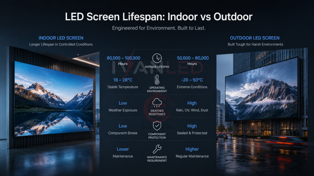 indoor vs outdoor LED screen lifespan comparison chart indoor vs outdoor LED screen lifespan comparison chart