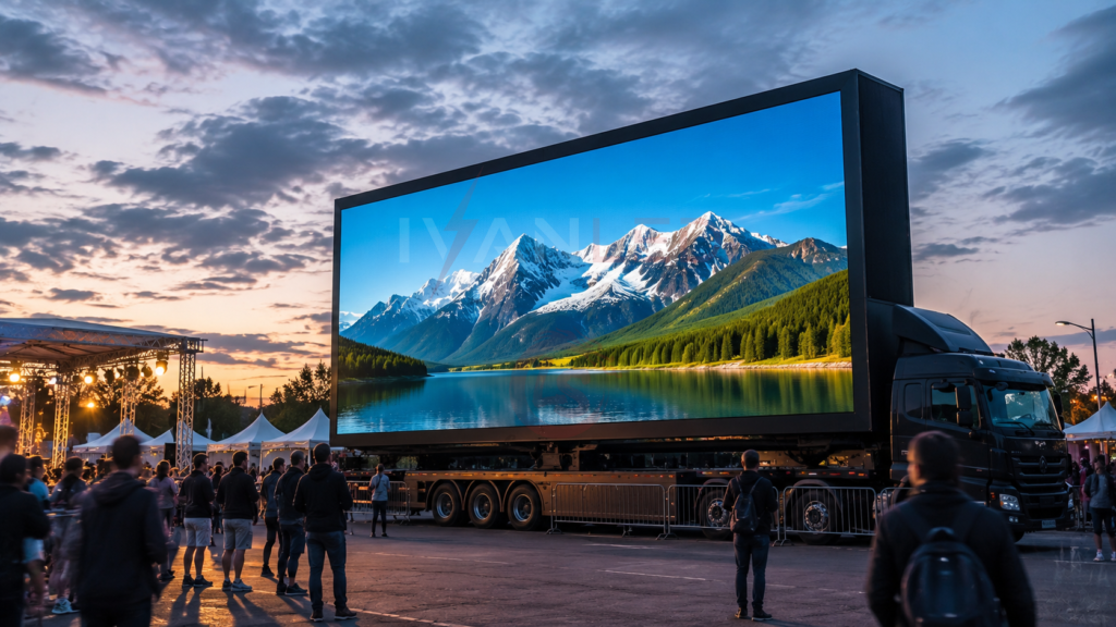 evento pubblicitario con rimorchio per camion dotato di insegna LED mobile da esterno