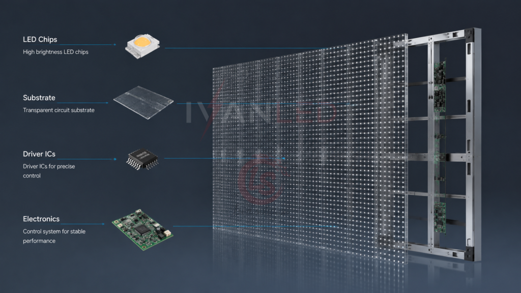 Componentes de pantallas LED transparentes: chips LED, sustrato, electrónica de control Componentes de pantallas LED transparentes: chips LED, sustrato, electrónica de control