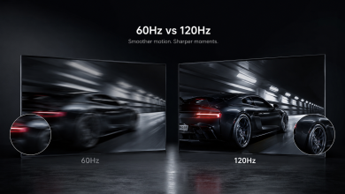 Comparison image showing 60Hz vs 120Hz displays with racing cars to illustrate smoother motion at 120Hz.