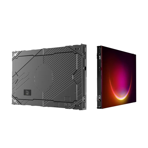 Modular display panel: back with circuit lines next to a colorful front screen on the right.
