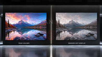Two large wall displays in a showroom: left shows a colorful mountain lake labeled 'True Colors'; right shows a muted grayscale scene labeled 'Washed Out Display'.]